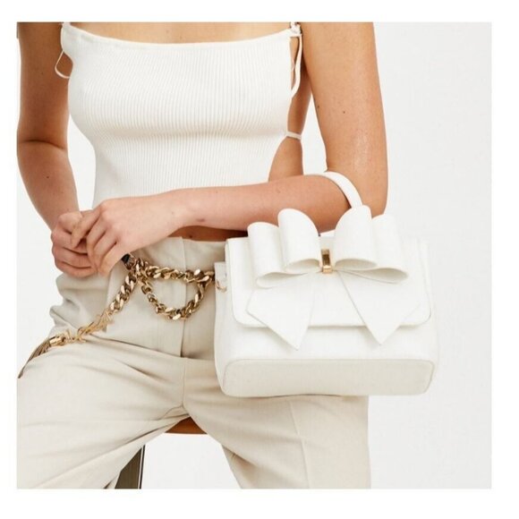 LIKE DREAMS/GROSSI Eva double bowtie leather top handle crossbody WHITE (New) - Picture 4 of 13